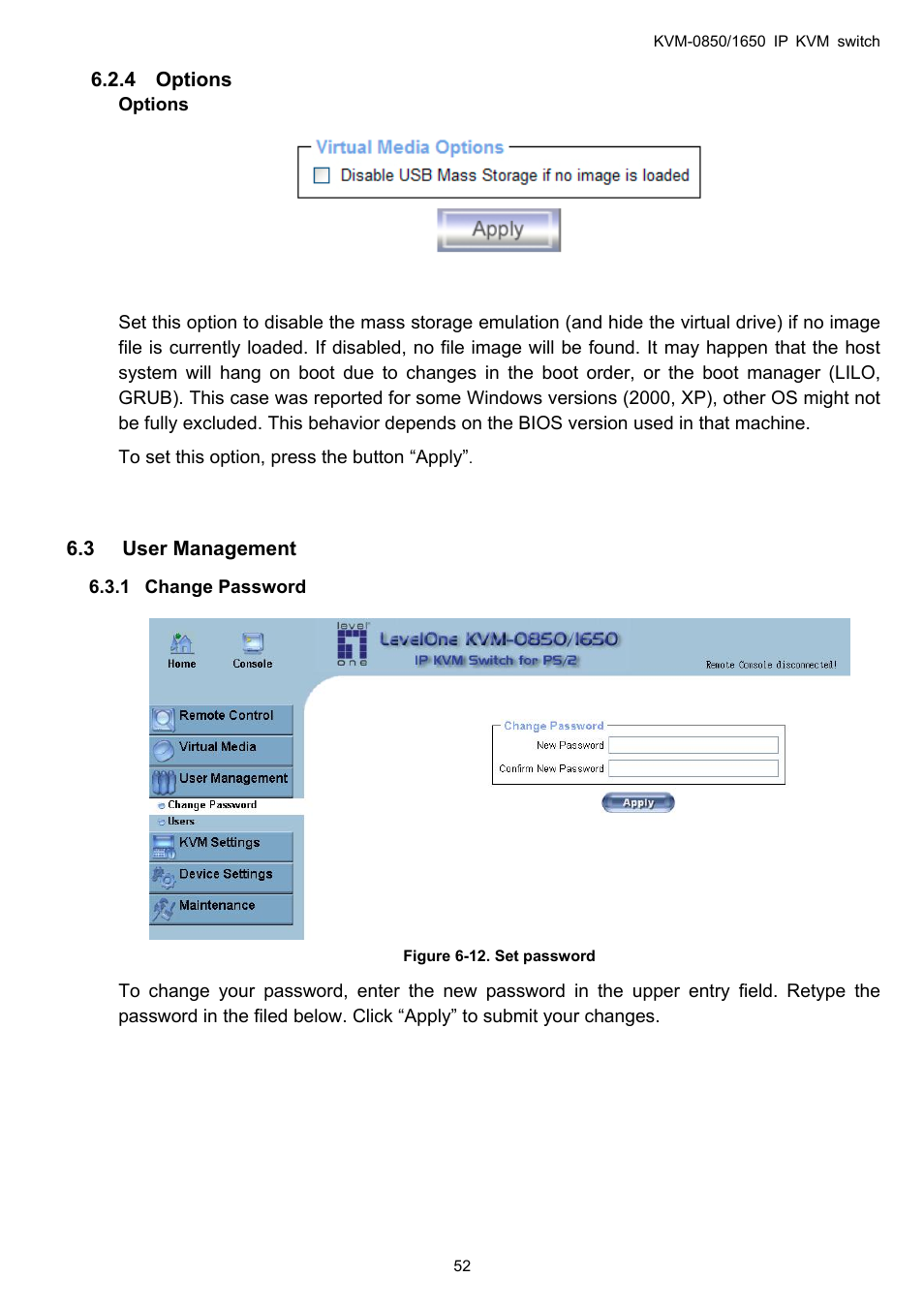 Options, User management, Change password | 1 change, Password | LevelOne ViewCon KVM-0850 User Manual | Page 52 / 83