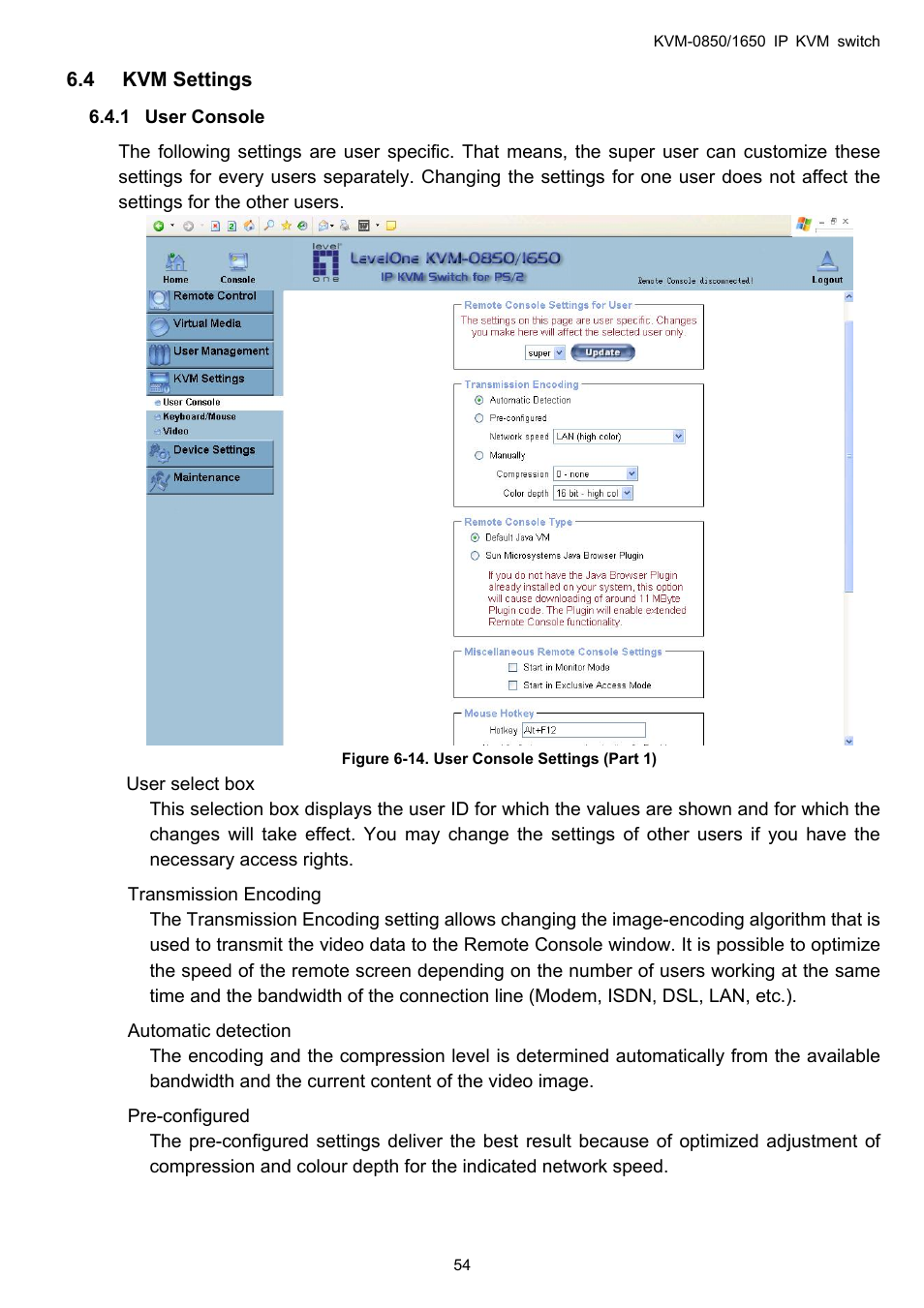 Kvm settings, User console, 1 user | Console | LevelOne ViewCon KVM-0850 User Manual | Page 54 / 83