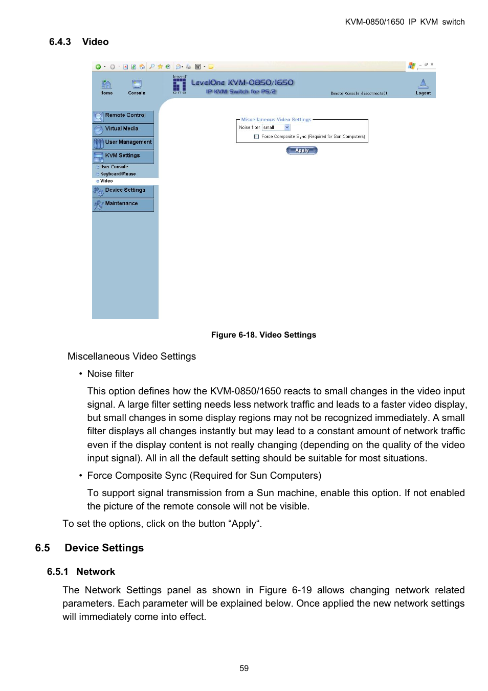 3 video, Device settings, Network | 1 network | LevelOne ViewCon KVM-0850 User Manual | Page 59 / 83