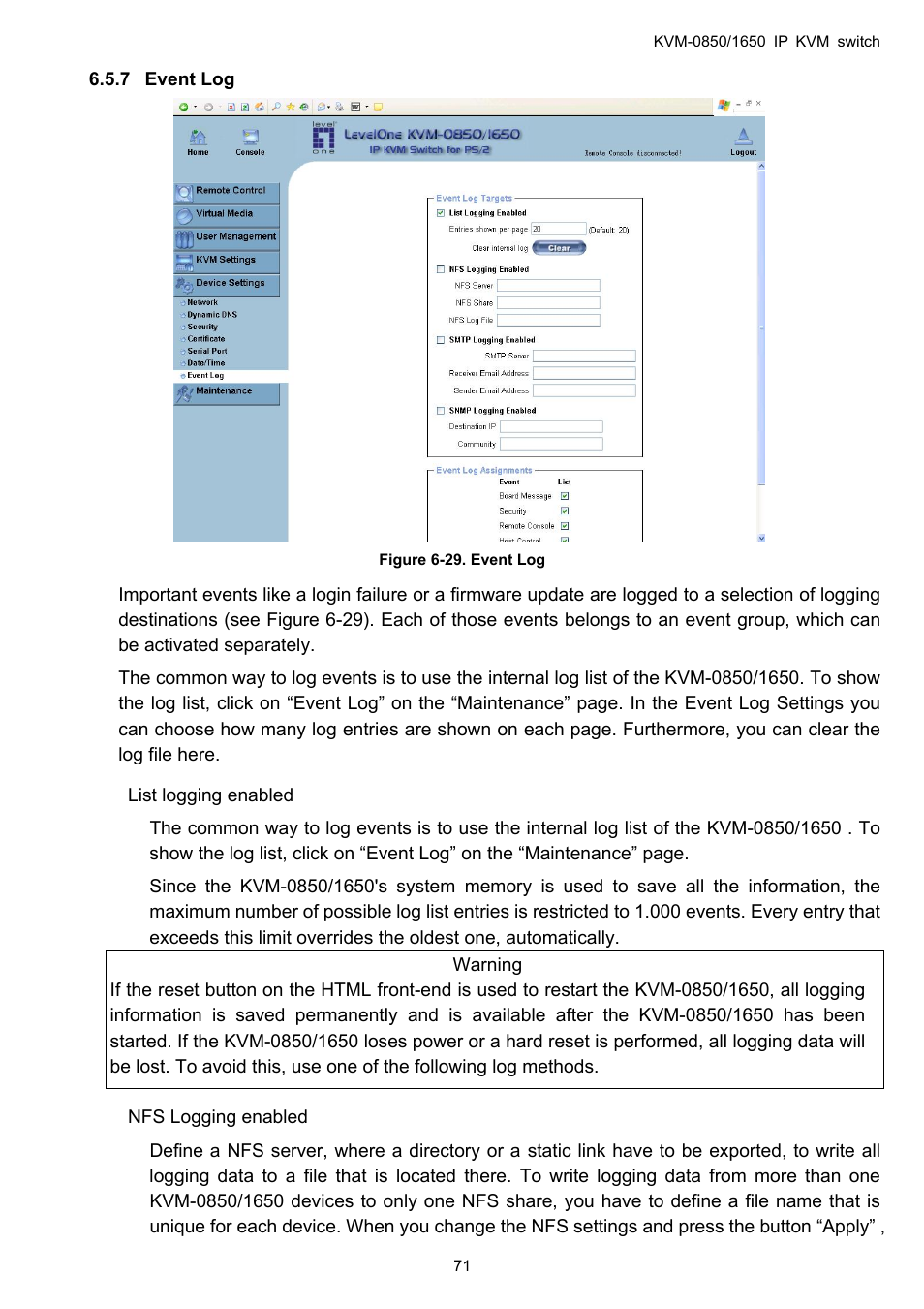 Event log, 7 event | LevelOne ViewCon KVM-0850 User Manual | Page 71 / 83