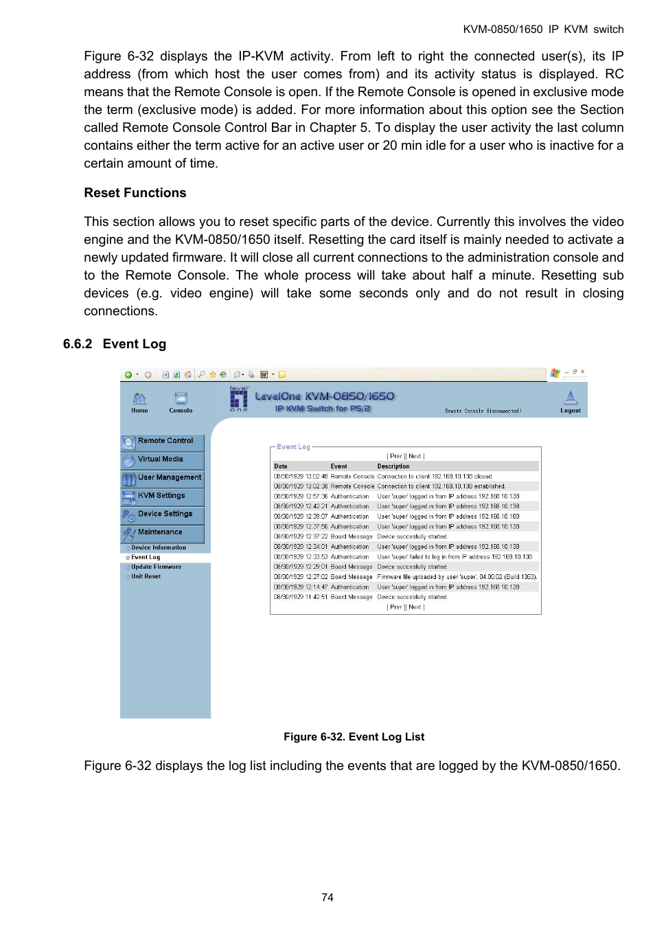 Event log, 2 event | LevelOne ViewCon KVM-0850 User Manual | Page 74 / 83