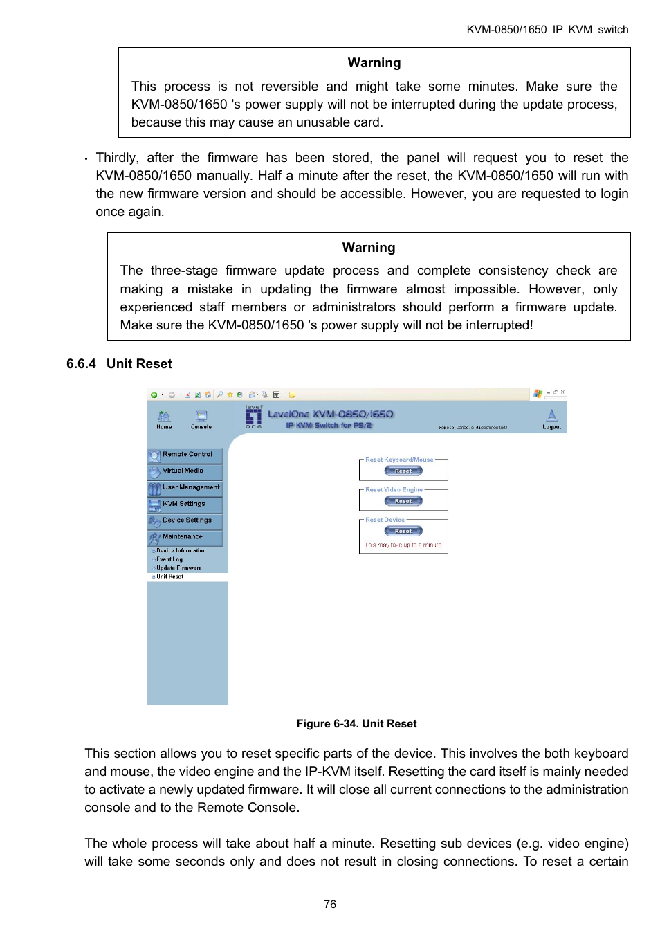 Unit reset, 4 unit, Reset | LevelOne ViewCon KVM-0850 User Manual | Page 76 / 83