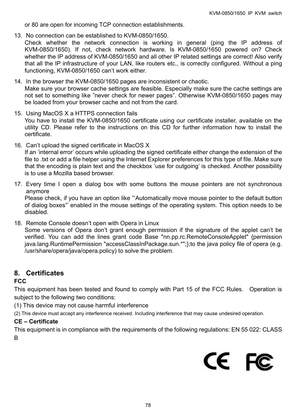 Certificates, Ce – certificate | LevelOne ViewCon KVM-0850 User Manual | Page 78 / 83