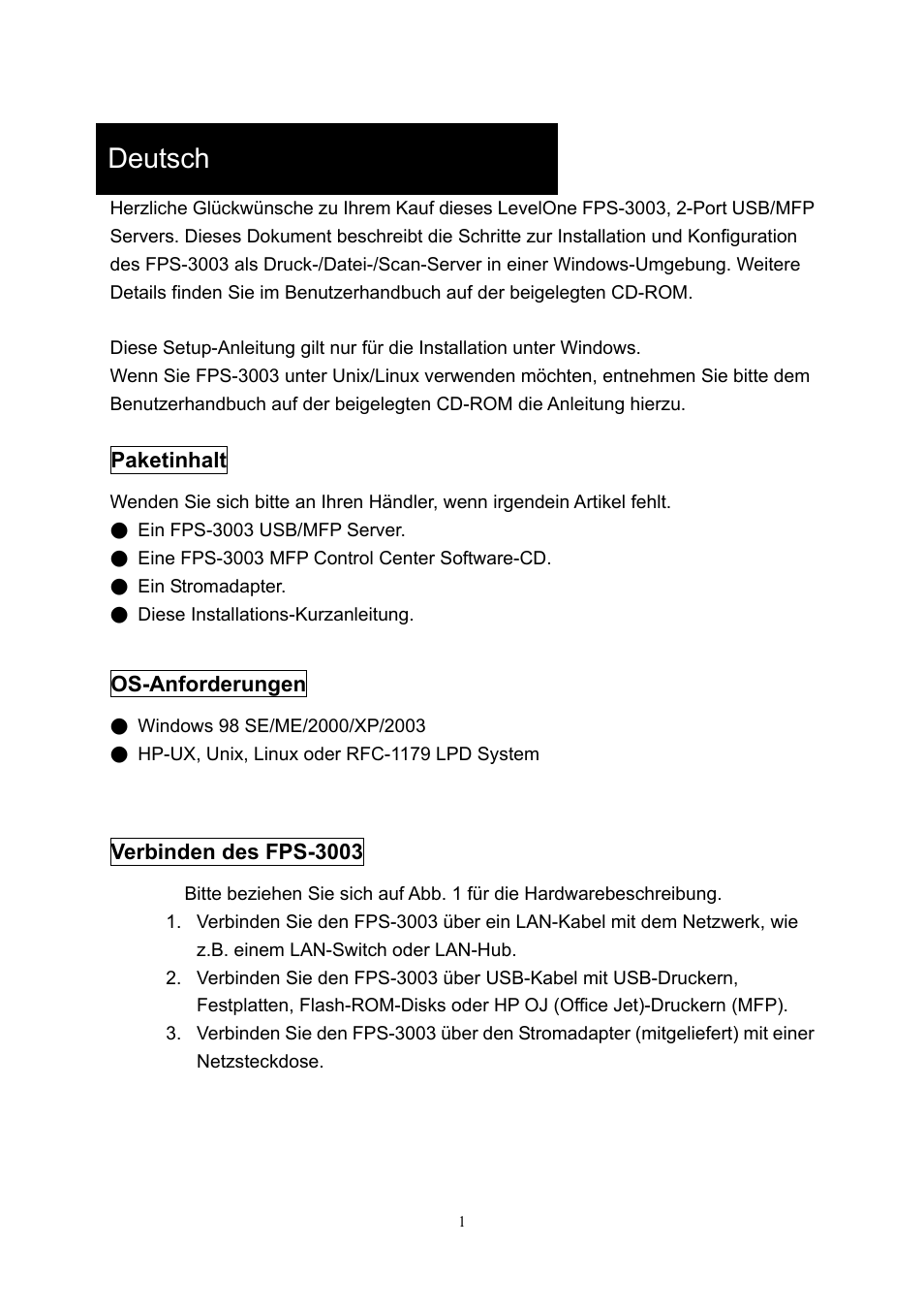 Deutsch | LevelOne ServCon FPS-3003 User Manual | Page 11 / 45