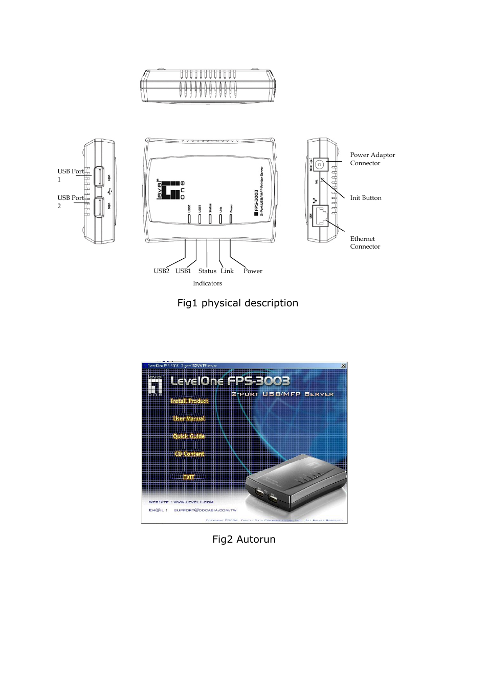 Fig1 physical description fig2 autorun | LevelOne ServCon FPS-3003 User Manual | Page 2 / 45