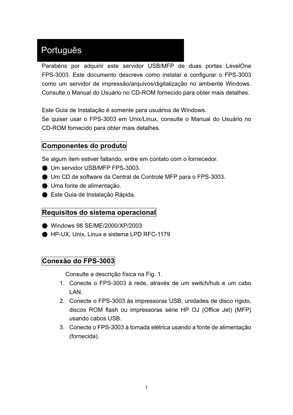 Português | LevelOne ServCon FPS-3003 User Manual | Page 31 / 45
