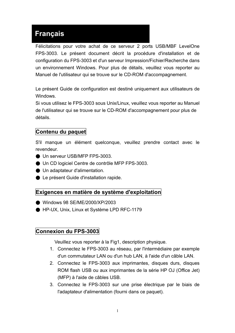 Français | LevelOne ServCon FPS-3003 User Manual | Page 36 / 45