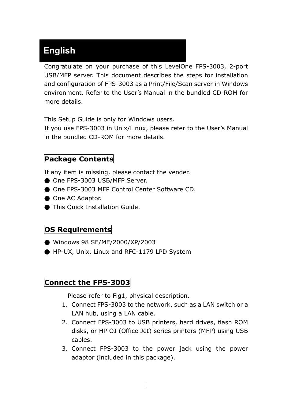 English | LevelOne ServCon FPS-3003 User Manual | Page 6 / 45