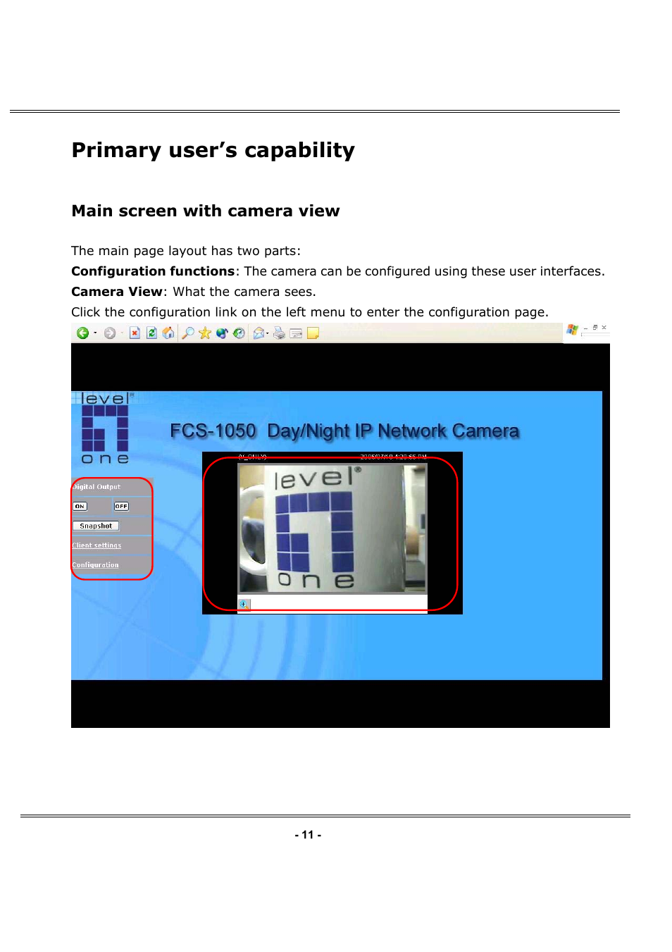 Primary user’s capability, Main screen with camera view | LevelOne FCS-1050 User Manual | Page 11 / 60