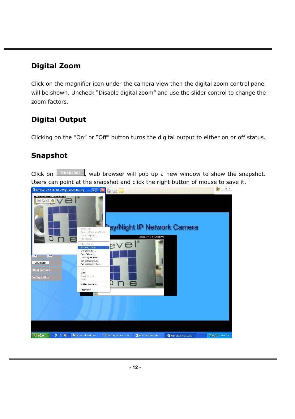 Digital zoom, Digital output, Snapshot | LevelOne FCS-1050 User Manual | Page 12 / 60