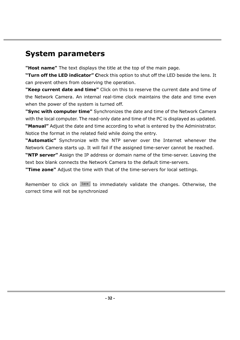 System parameters | LevelOne FCS-1050 User Manual | Page 32 / 60