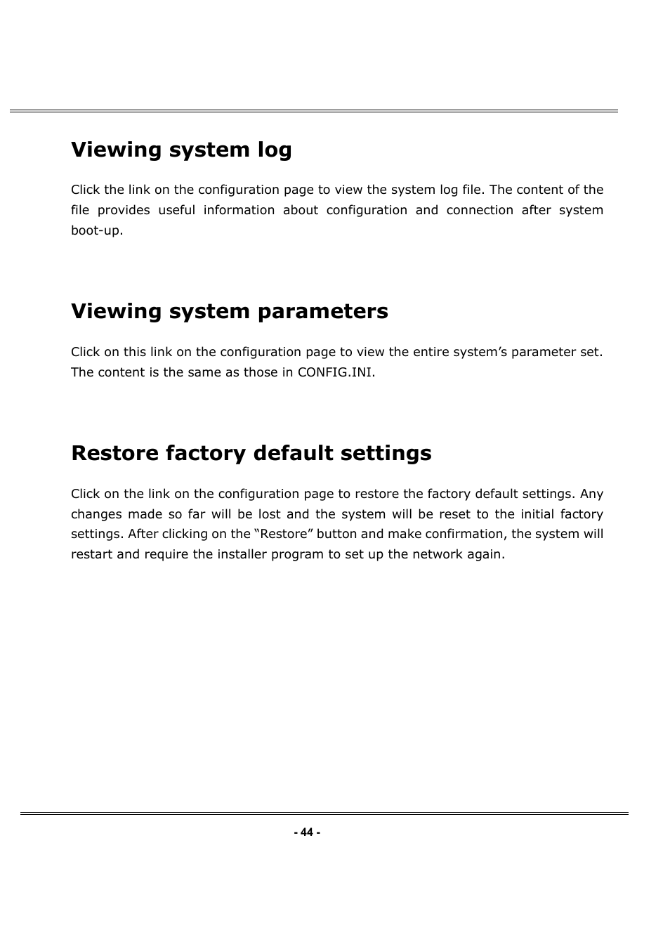 Viewing system log, Viewing system parameters, Restore factory default settings | LevelOne FCS-1050 User Manual | Page 44 / 60