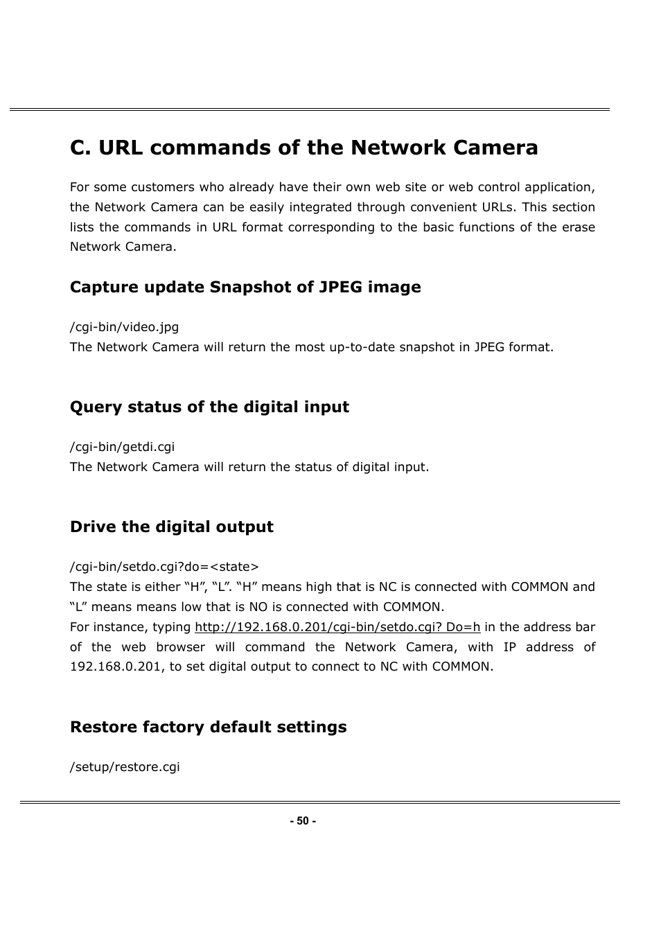 C. url commands of the network camera, Capture update snapshot of jpeg image, Query status of the digital input | Drive the digital output, Restore factory default settings | LevelOne FCS-1050 User Manual | Page 49 / 60