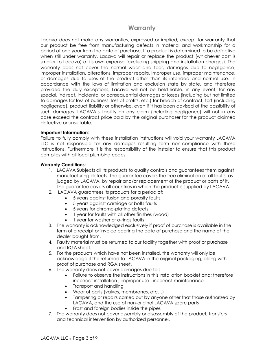 Warranty | Lacava 1586 User Manual | Page 3 / 9