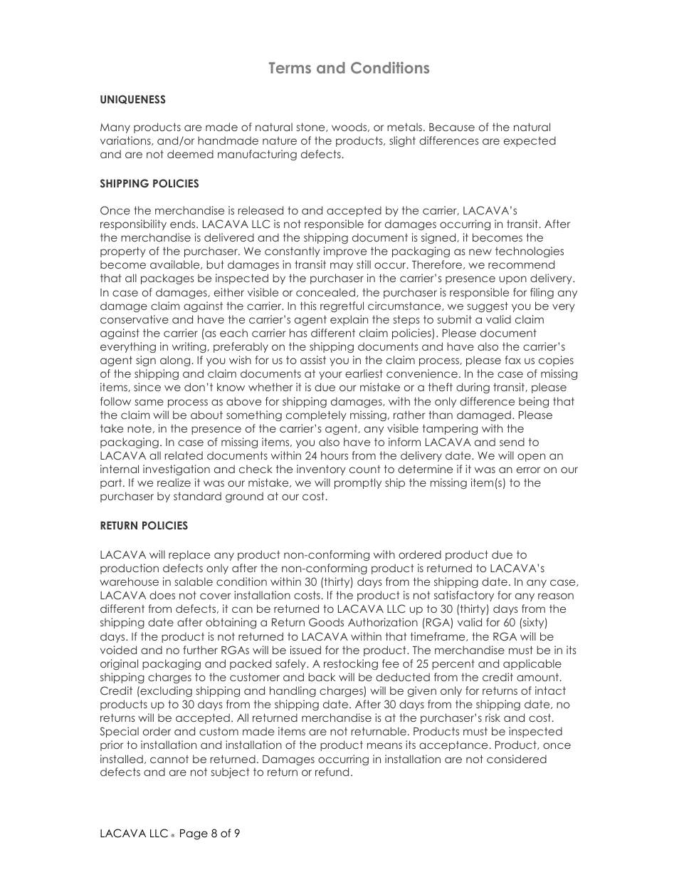 Terms and conditions | Lacava 1586 User Manual | Page 8 / 9