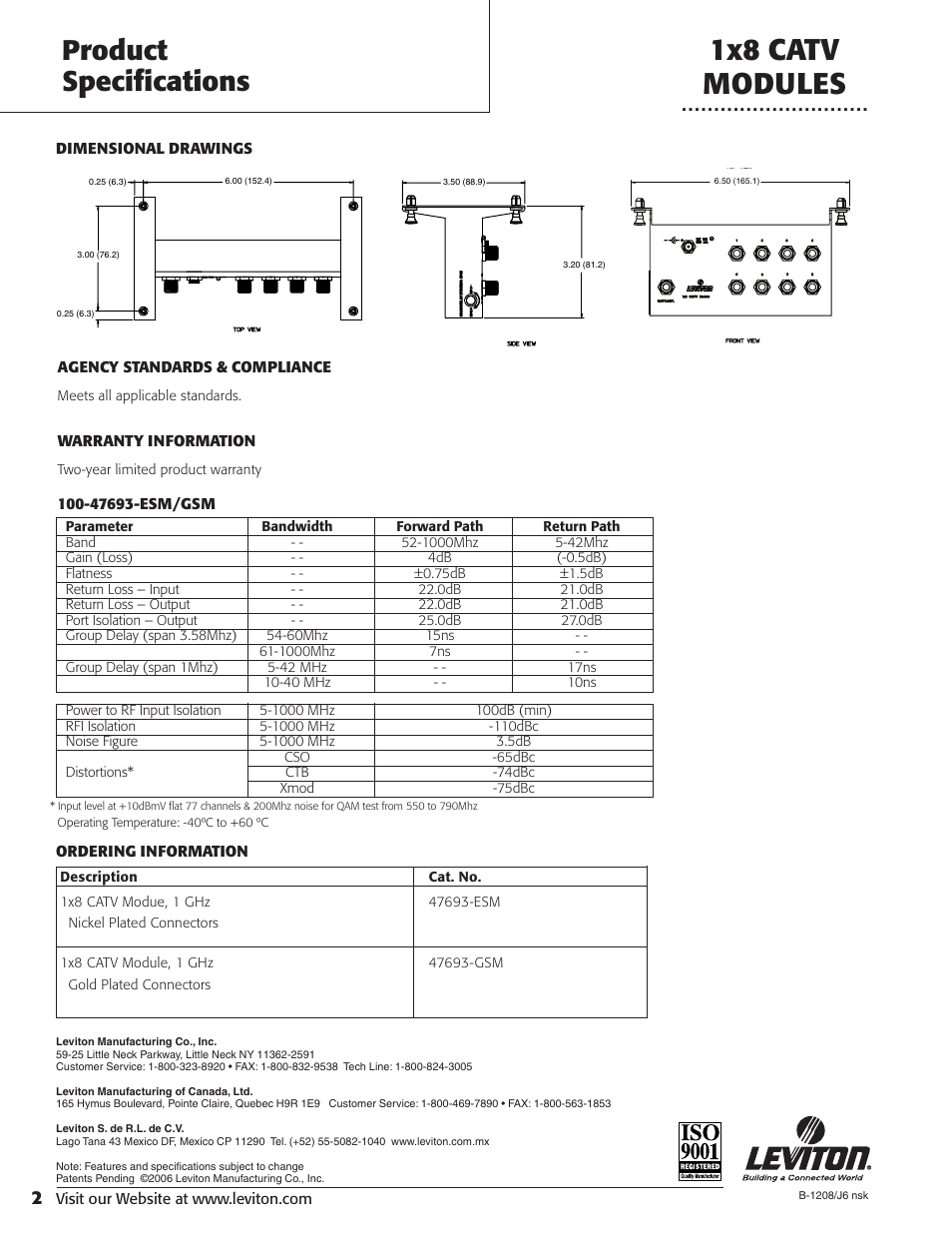 1x8 catv modules, Product specifications | Leviton 47693-GSM User Manual | Page 2 / 2