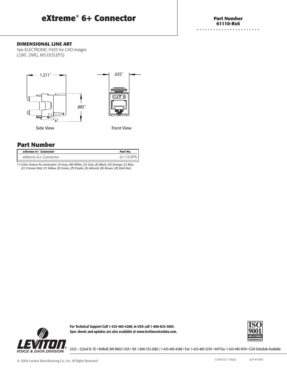 Extreme, 6+ connector, Part number | Leviton eXtreme 6+ Connector 61110-Rx6 User Manual | Page 2 / 2