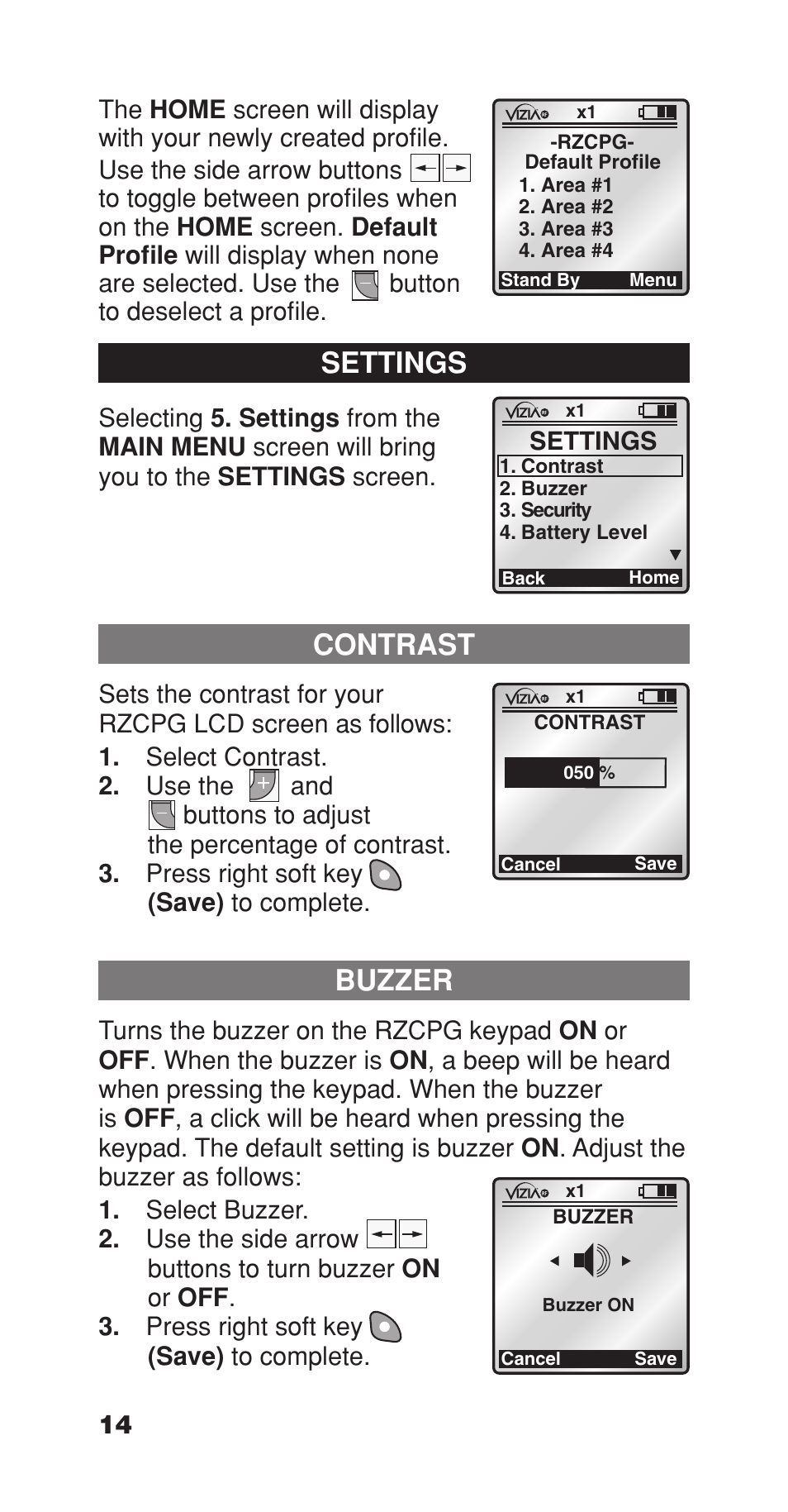 Buzzer, Contrast, 00 pm | Settings | Leviton Programmer/Remote User Manual | Page 16 / 25