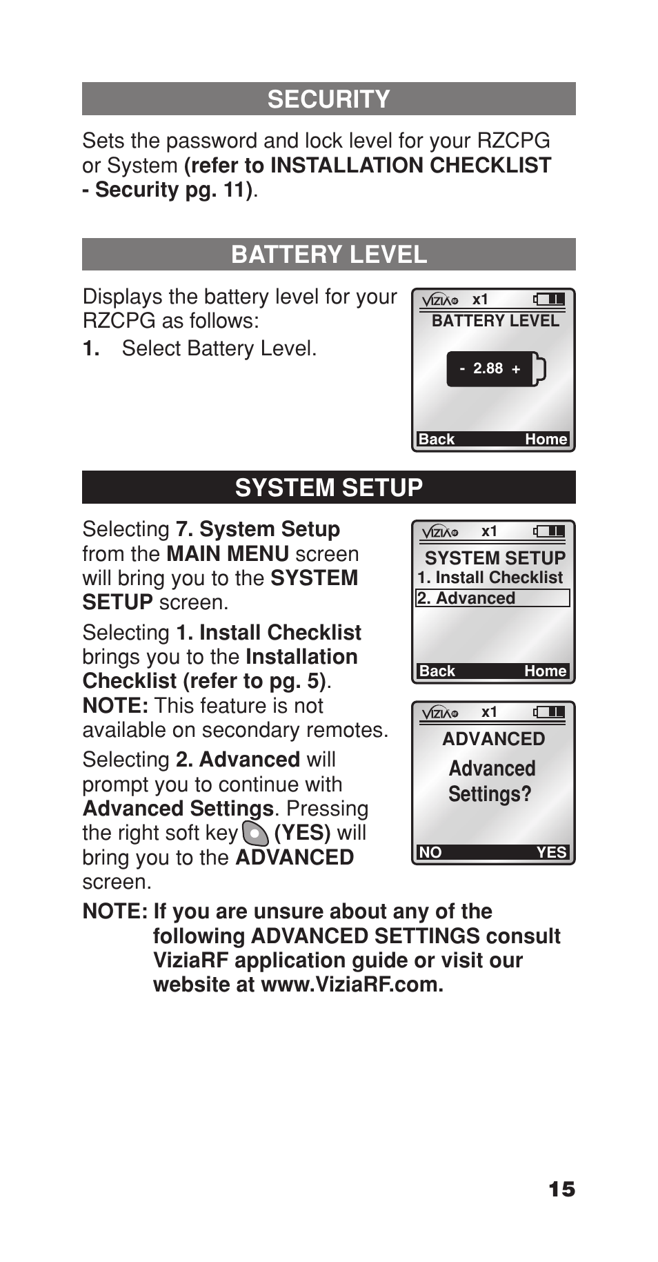 Security, Battery level, System setup | Leviton Programmer/Remote User Manual | Page 17 / 25