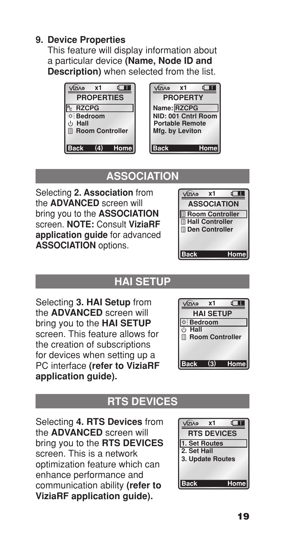 Association, Rts devices, Hai setup | Leviton Programmer/Remote User Manual | Page 21 / 25