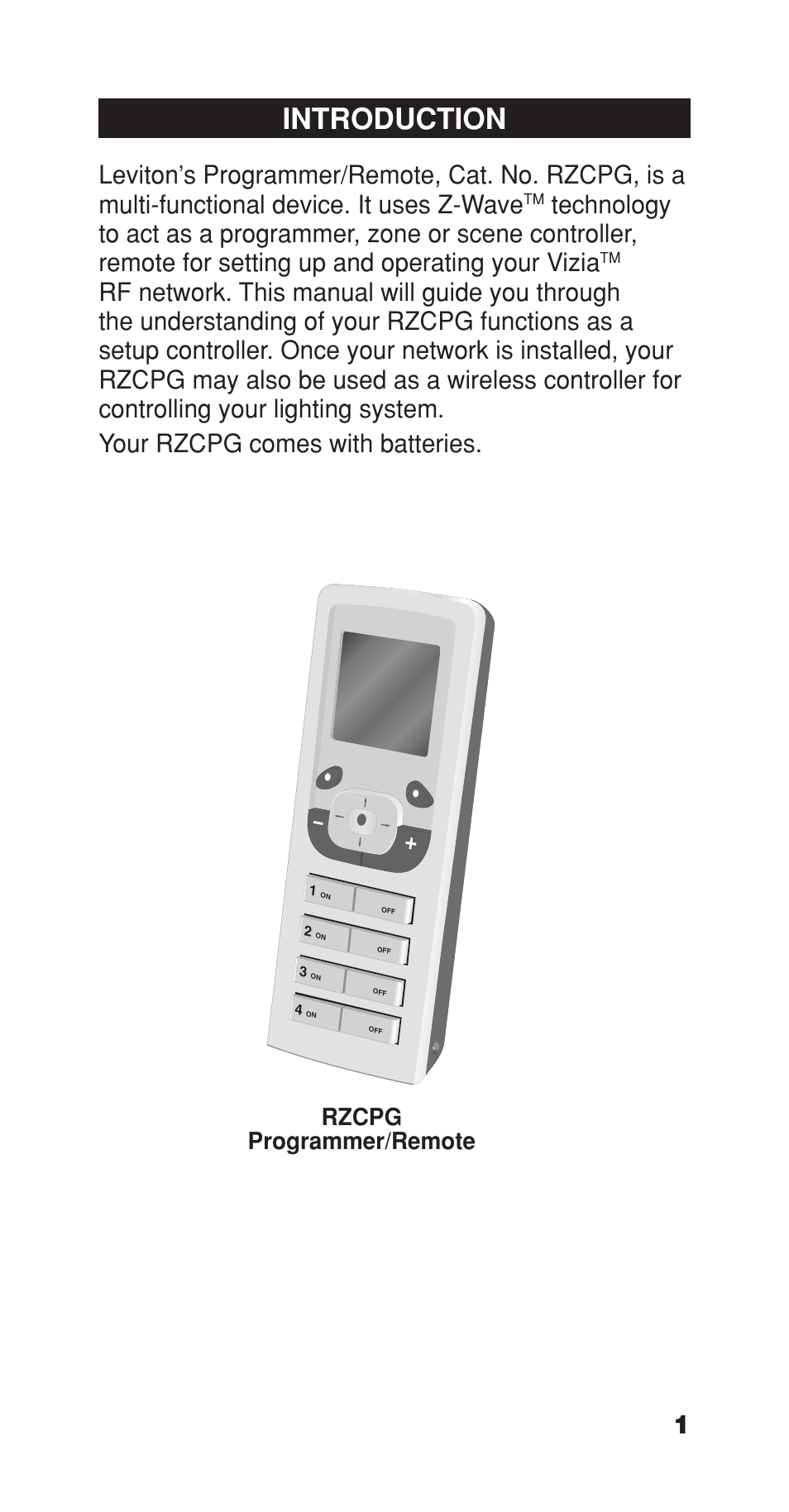 Introduction, Rzcpg programmer/remote | Leviton Programmer/Remote User Manual | Page 3 / 25
