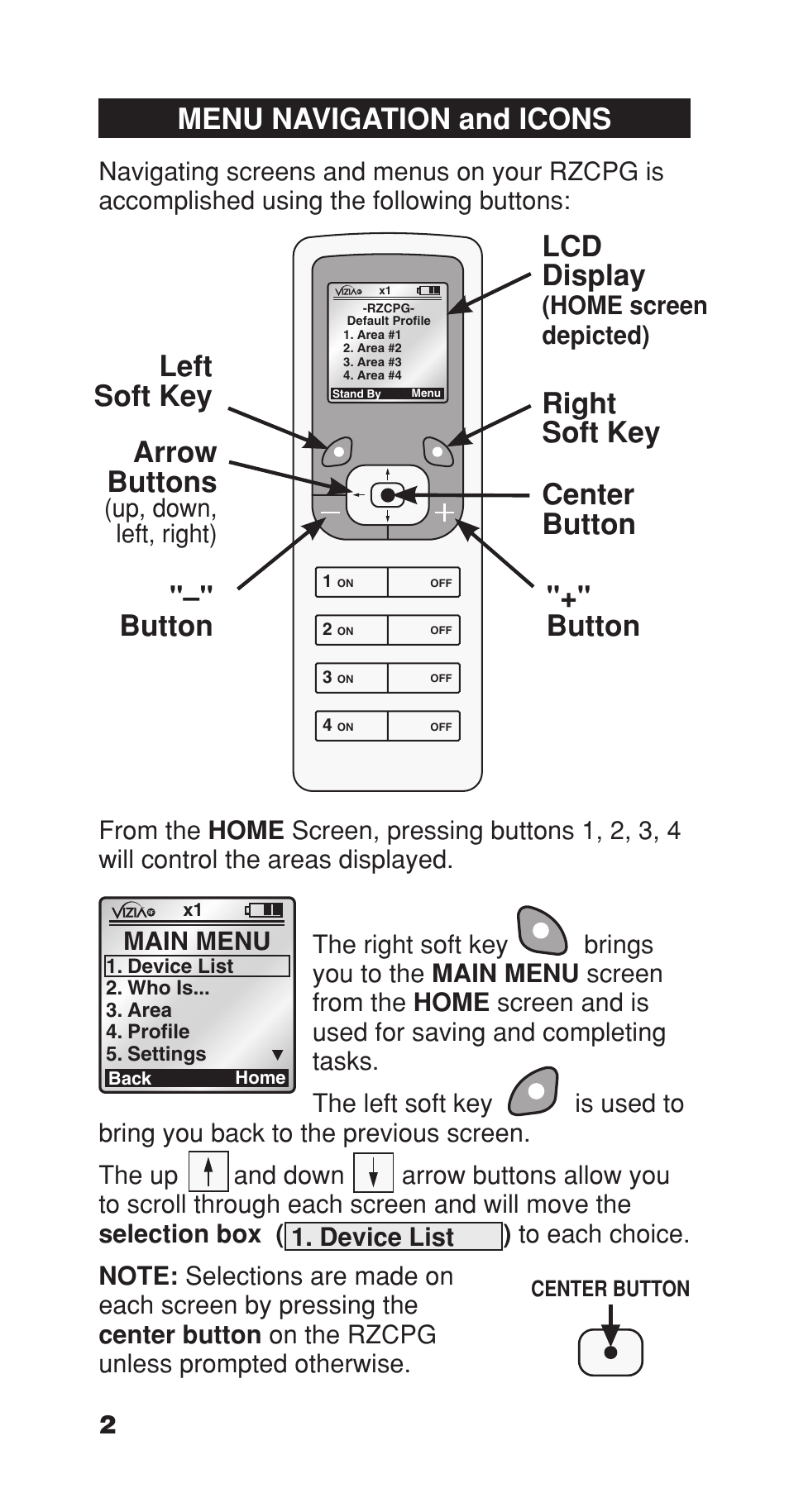 00 pm, Menu navigation and icons, Lcd display | Right soft key arrow buttons, Center button "+" button "–" button left soft key | Leviton Programmer/Remote User Manual | Page 4 / 25