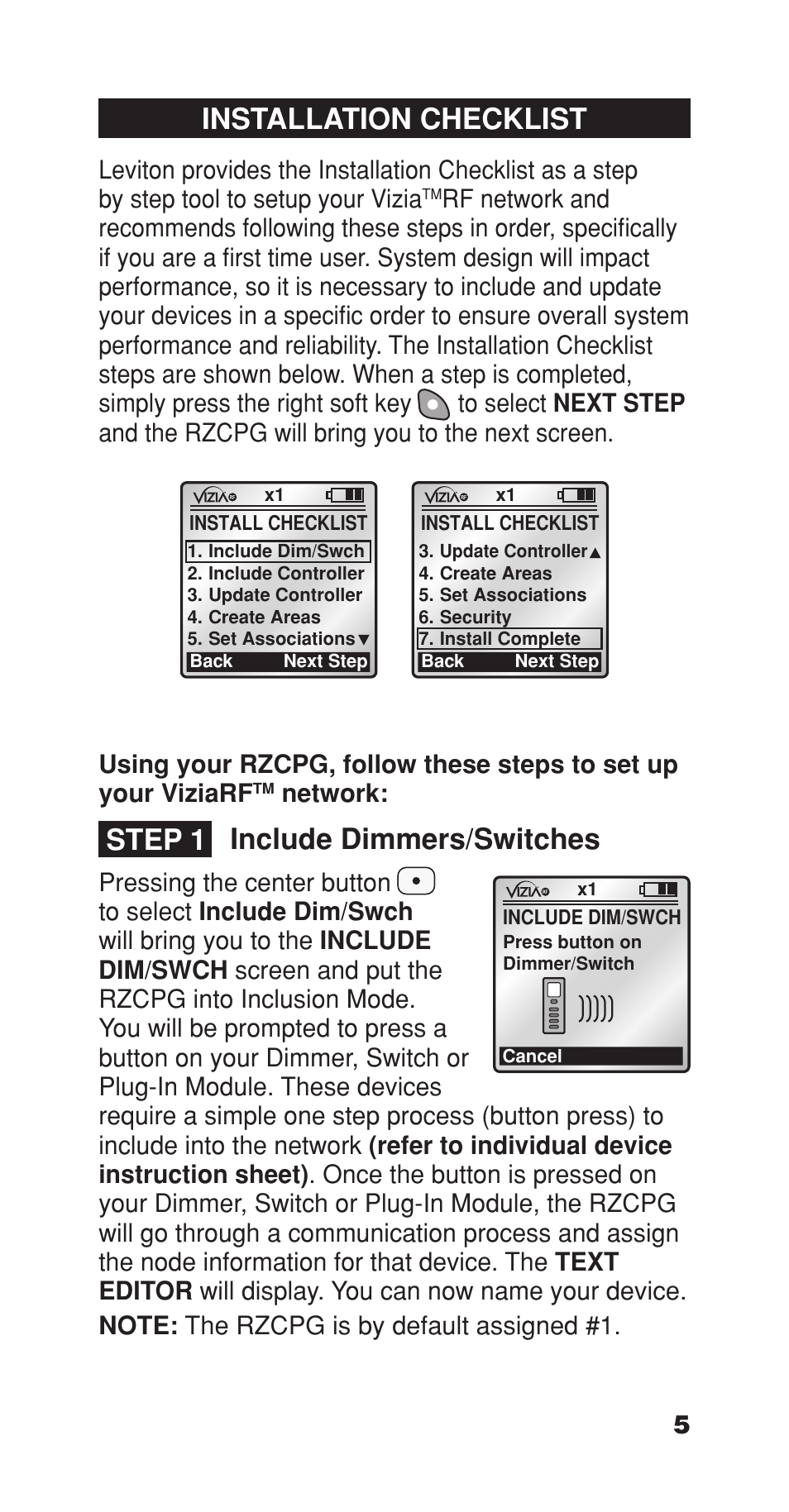 Installation checklist, Include dimmers/switches, Step 1 | Leviton Programmer/Remote User Manual | Page 7 / 25