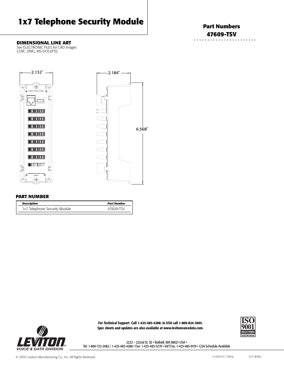 1x7 telephone security module, Part numbers | Leviton 47609-TSV User Manual | Page 2 / 2