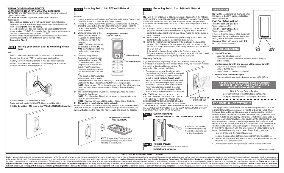 Fcc compliance, Operation troubleshooting | Leviton Scene Capable Electronic Switch User Manual | Page 2 / 2