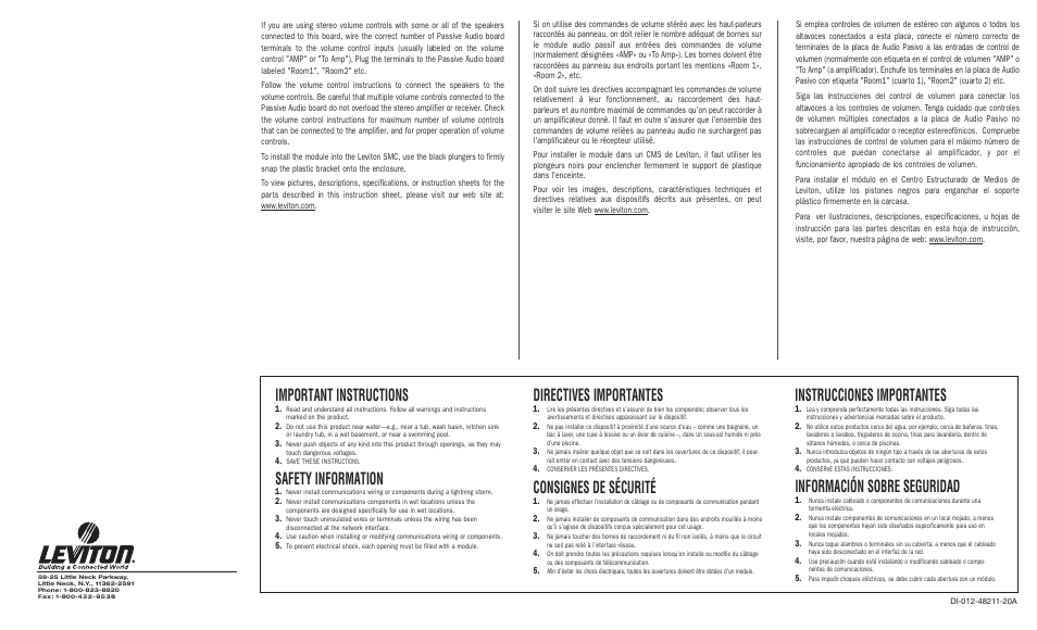 Important instructions, Safety information, Directives importantes | Consignes de sécurité, Instrucciones importantes, Información sobre seguridad | Leviton 1x6 Passive Audio Module User Manual | Page 2 / 3