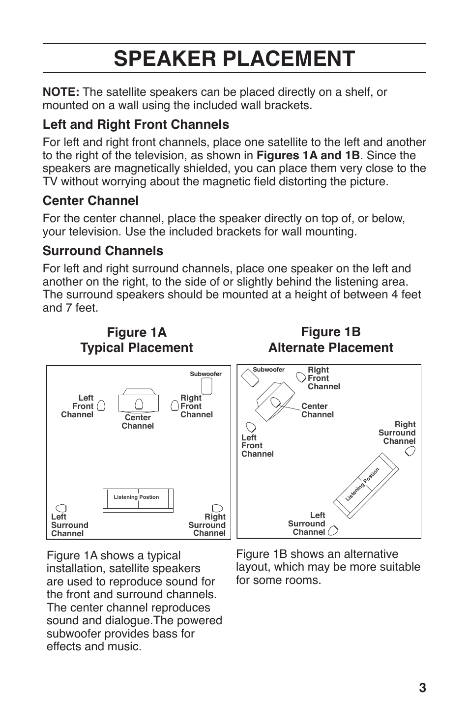 Speaker placement, Figure 1a typical placement, Left and right front channels | Center channel, Surround channels, Figure 1b alternate placement | Leviton AESS5 User Manual | Page 3 / 13