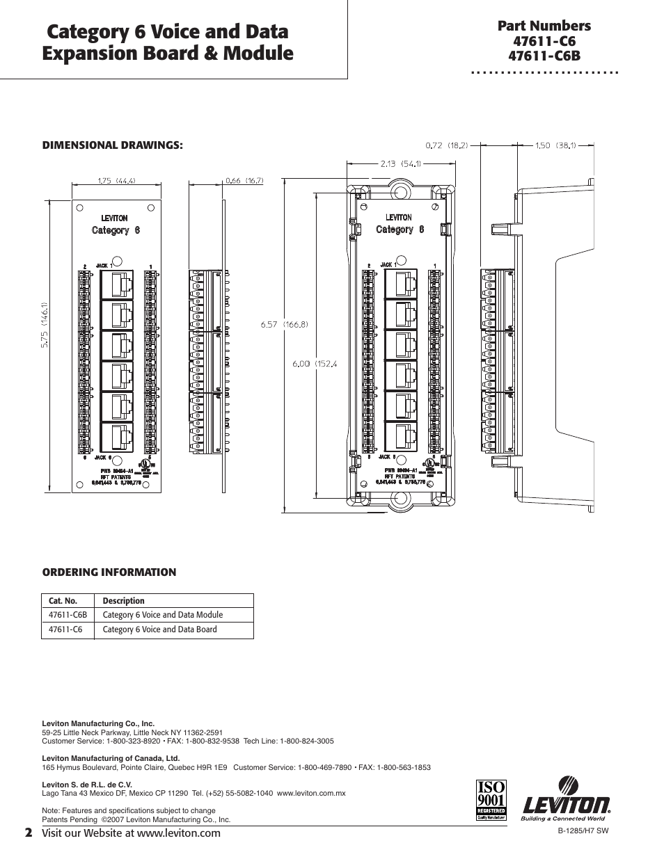 Category 6 voice and data expansion board & module | Leviton 47611-C6 User Manual | Page 2 / 2