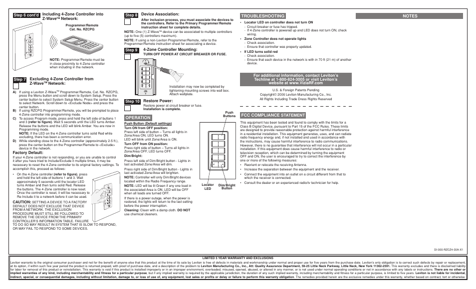 Fcc compliance, Troubleshooting, Operation | Leviton RZCZ1 User Manual | Page 2 / 2