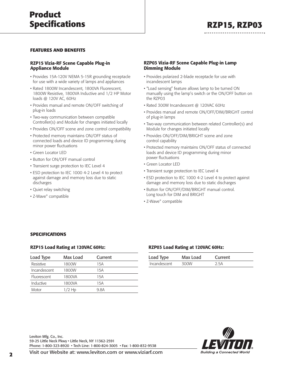 Product specifications rzp15, rzp03 | Leviton RZP15-1LW User Manual | Page 2 / 4