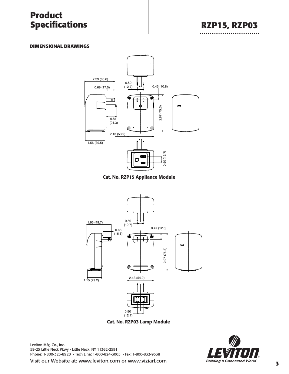 Product specifications rzp15, rzp03, Dimensional drawings | Leviton RZP15-1LW User Manual | Page 3 / 4