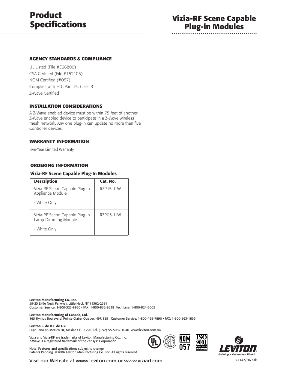 Product specifications, Vizia-rf scene capable plug-in modules | Leviton RZP15-1LW User Manual | Page 4 / 4