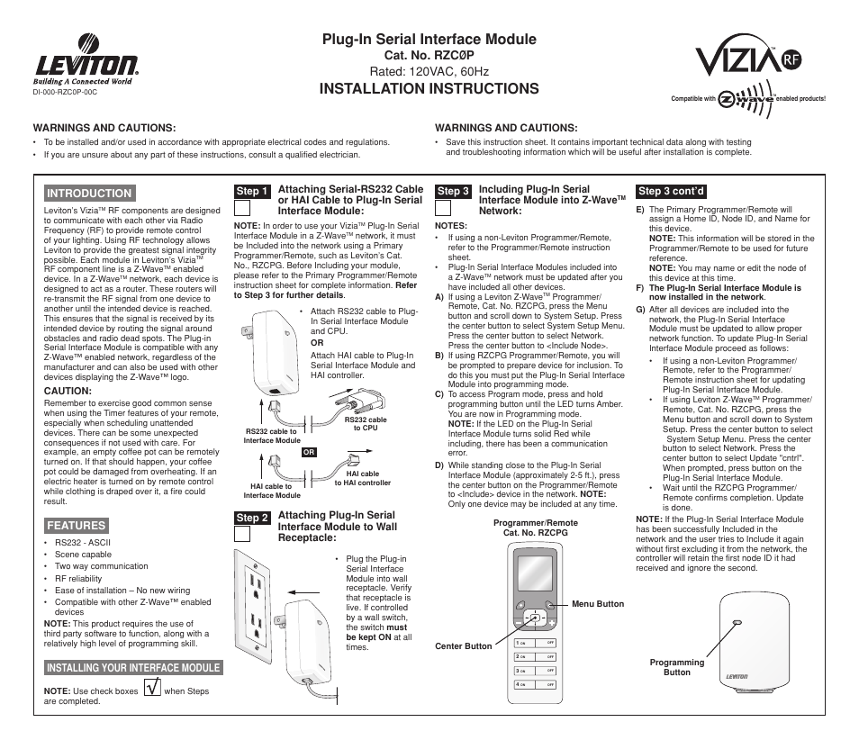 Leviton Plug-In Serial Interface Module RZCP User Manual | 2 pages