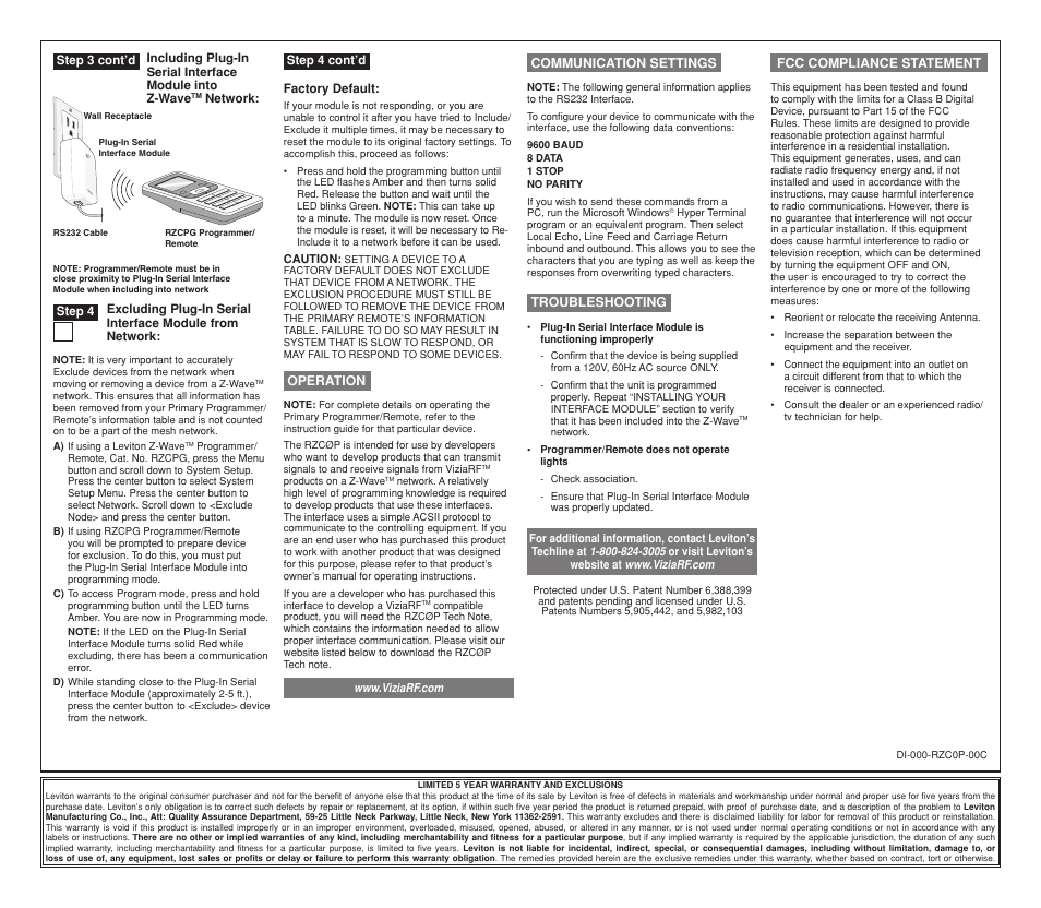Leviton Plug-In Serial Interface Module RZCP User Manual | Page 2 / 2