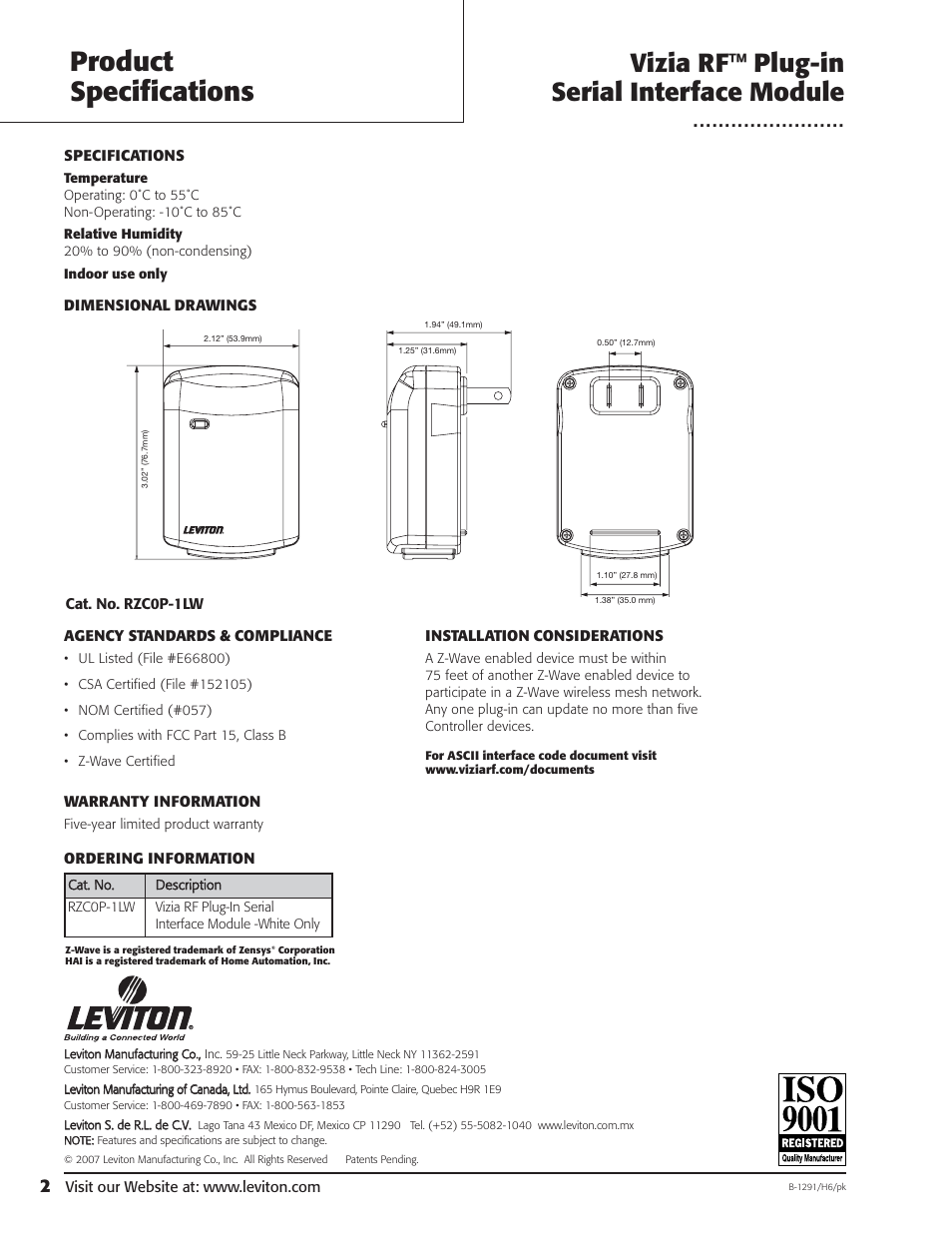 Product specifications, Vizia rf™ plug-in serial interface module | Leviton RZC0P-1LW User Manual | Page 2 / 2