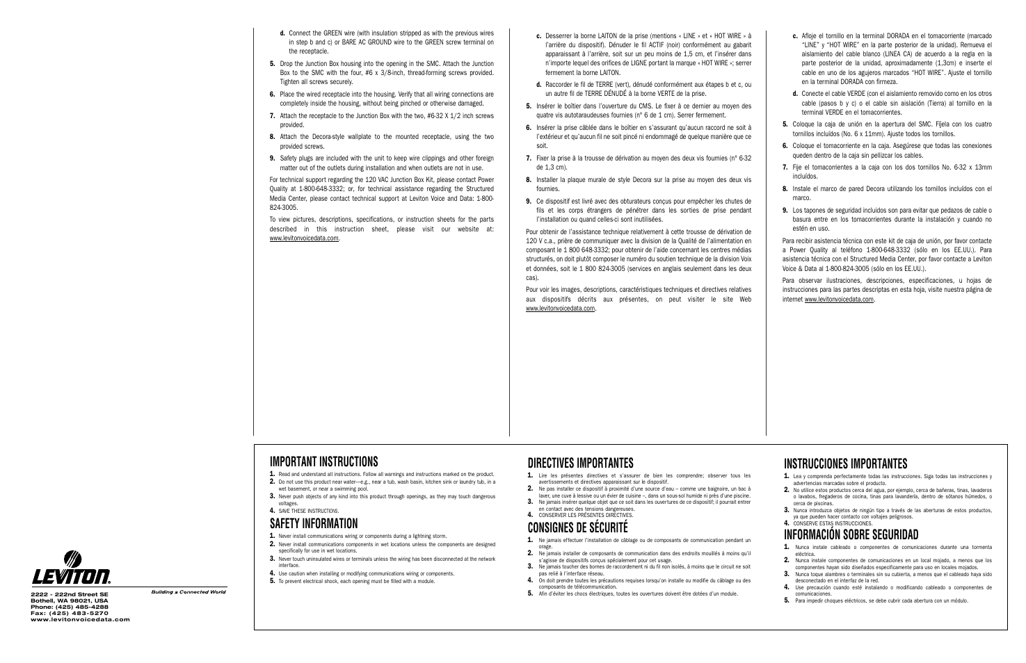 Important instructions, Safety information, Directives importantes | Consignes de sécurité, Instrucciones importantes, Información sobre seguridad | Leviton 120 VAC Junction Box Kit User Manual | Page 2 / 2