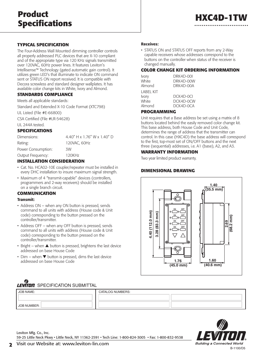 Hxc4d-1tw, Product specifications, Hxc4d-10w | Leviton HXC4D-1TW User Manual | Page 2 / 2