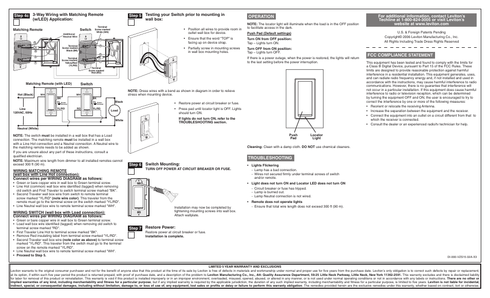 Operation, Fcc compliance, Troubleshooting | Restore power, Switch mounting, Testing your switch prior to mounting in wall box, Step 5, Step 4c, Step 6, Step 7 | Leviton VZS15-1L User Manual | Page 2 / 2