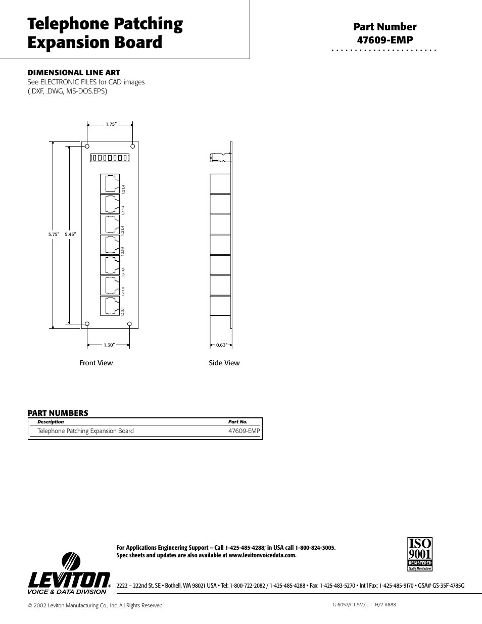 Telephone patching expansion board, Dimensional line art, Part numbers | Leviton LE-47609EMP User Manual | Page 2 / 2