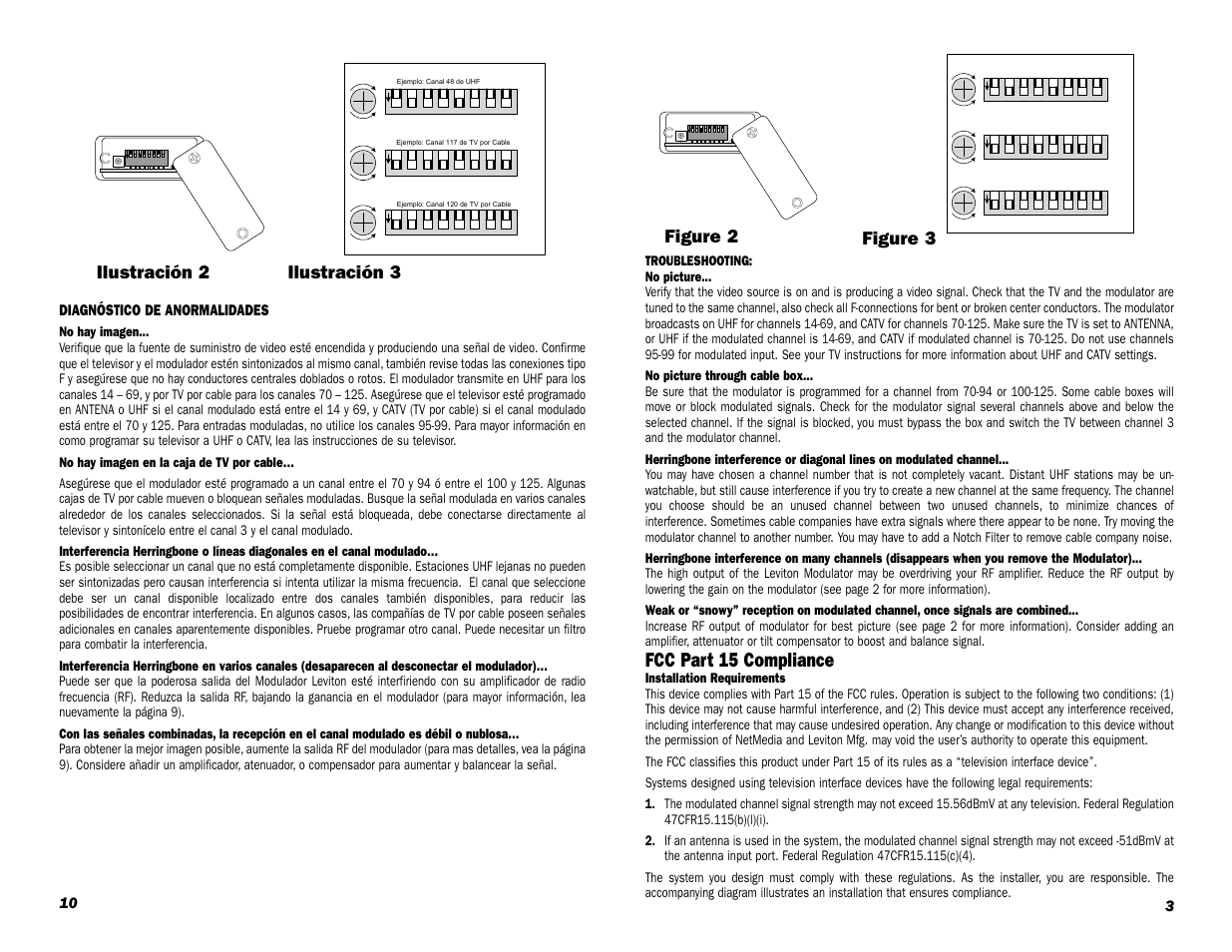 Fcc part 15 compliance, Figure 2 figure 3, Ilustración 2 ilustración 3 | Diagnóstico de anormalidades | Leviton Video Modulator 48213-VMA User Manual | Page 3 / 6