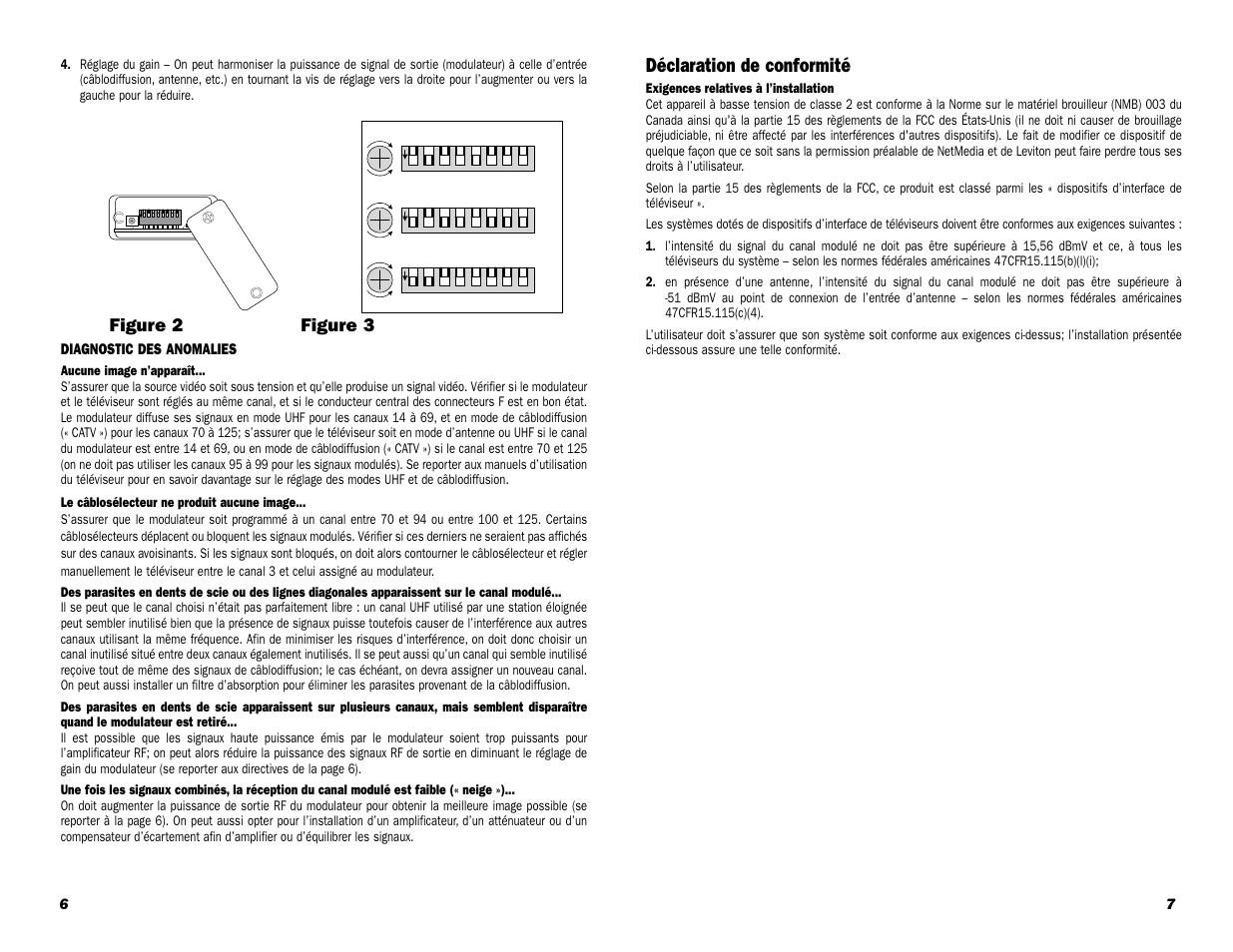 Déclaration de conformité, Figure 2 figure 3, Diagnostic des anomalies | Leviton Video Modulator 48213-VMA User Manual | Page 6 / 6