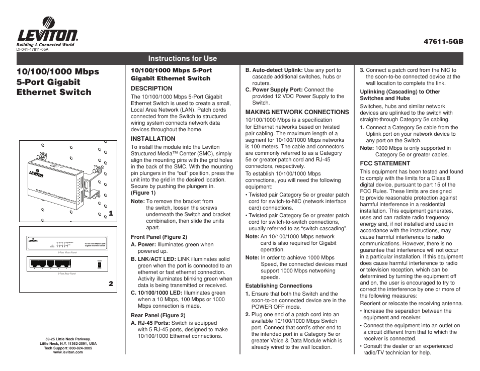 Leviton 5-Port Gigabit User Manual | 3 pages