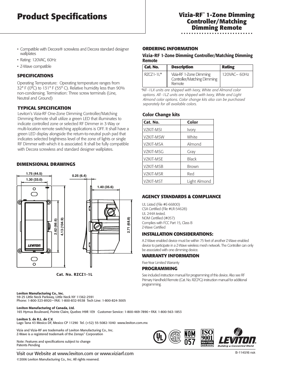 Product specifications, Vizia-rf, Zone dimming controller/matching dimming remote | Leviton LE-RZCZ User Manual | Page 2 / 2