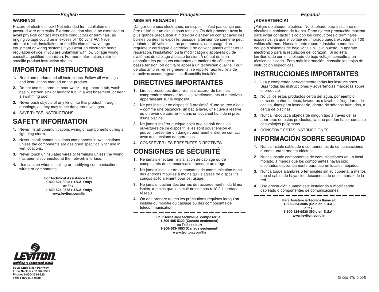 Important instructions, Safety information, Directives importantes | Consignes de sécurité, Instrucciones importantes, Información sobre seguridad | Leviton EXTENDER BRACKET 47612-28B User Manual | Page 2 / 3