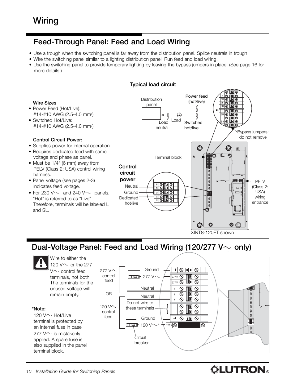 Wiring, Feed-through panel: feed and load wiring | Lutron Electronics Switch User Manual | Page 10 / 20