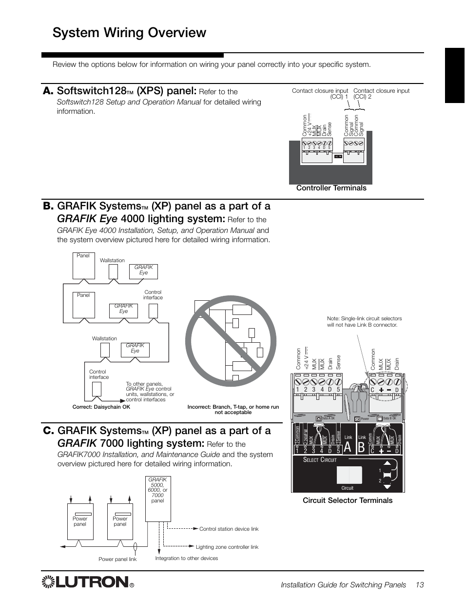 System wiring overview, A. softswitch128, Xps) panel | B. grafik systems, C. grafik systems | Lutron Electronics Switch User Manual | Page 13 / 20